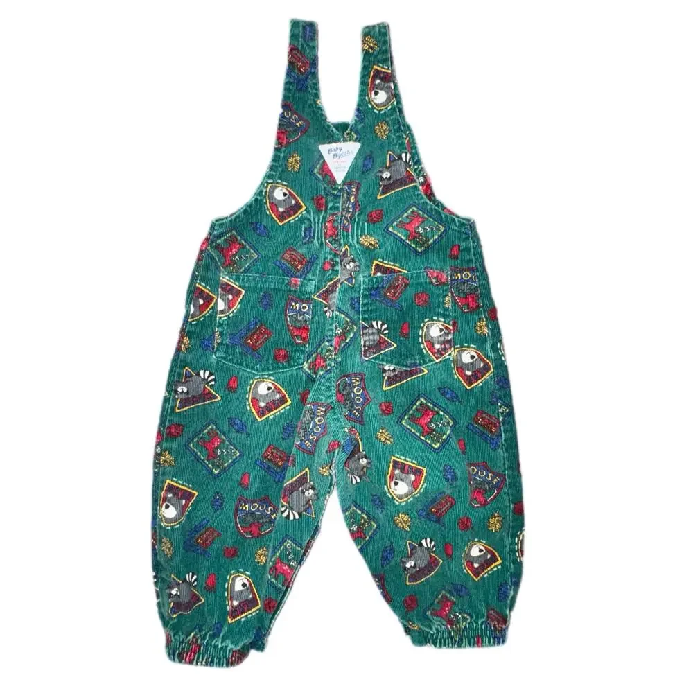 Vintage Baby Bgosh OshKosh Green Corduroy Woodland Animal Overalls 18M